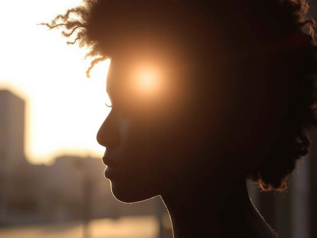 Create a high-resolution silhouette of a person with an afro hairstyle, using a DSLR camera, 50mm lens, aperture set to f/2.8, ISO 100, and natural side lighting for enhanced contrast.
