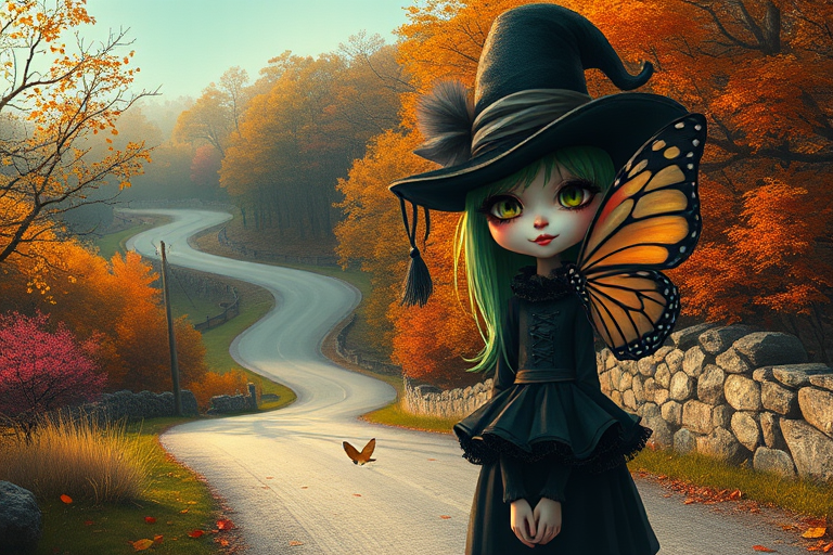 digital art fantasy depicting a strange girl with green hair, long eyelashes, red lipstick and a tall hat walking along a winding road on an autumn afternoon, an Butterfly smiles as she passes