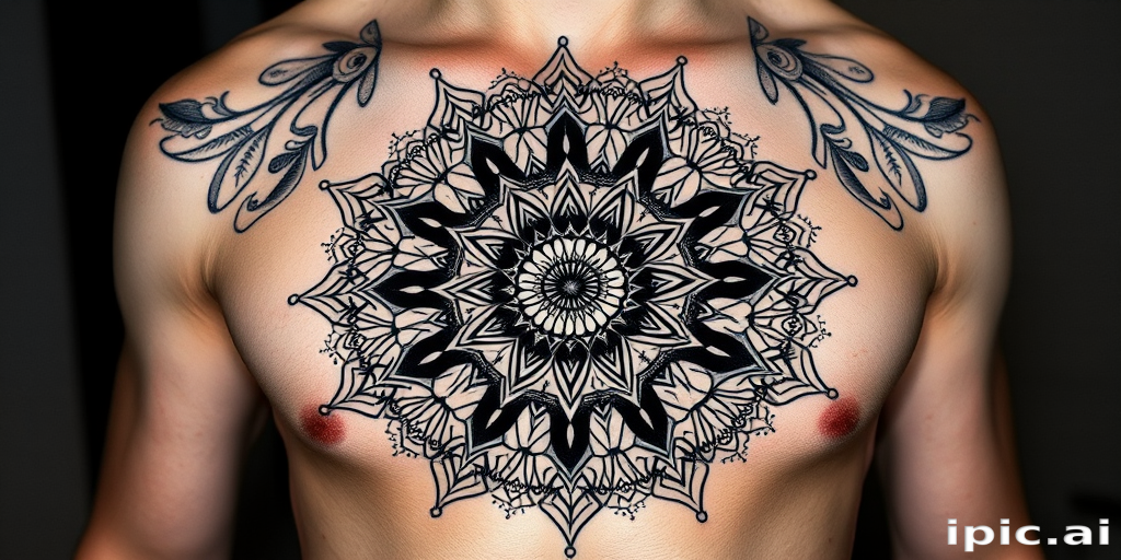 Intricate blackwork geometric mandala covering entire chest and abdomen, precise lines and symmetrical patterns creating hypnotic effect, stark contrast against skin