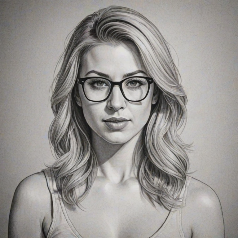 Ravishing Iliza Shlesinger, pencil sketch, portrait of Radiant woman 1969s in glasses, hair style beatnik, outline, clear lines, fine lines, 8k