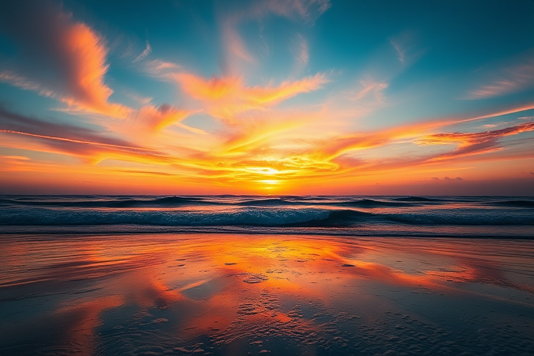 Create a vibrant sunset over a calm ocean, capturing reflections on the water using a Canon EOS R5, 24mm lens, f/8 aperture, ISO 100, 1/250s shutter speed, shot from a low angle for dynamic perspective and enhanced color saturation.
