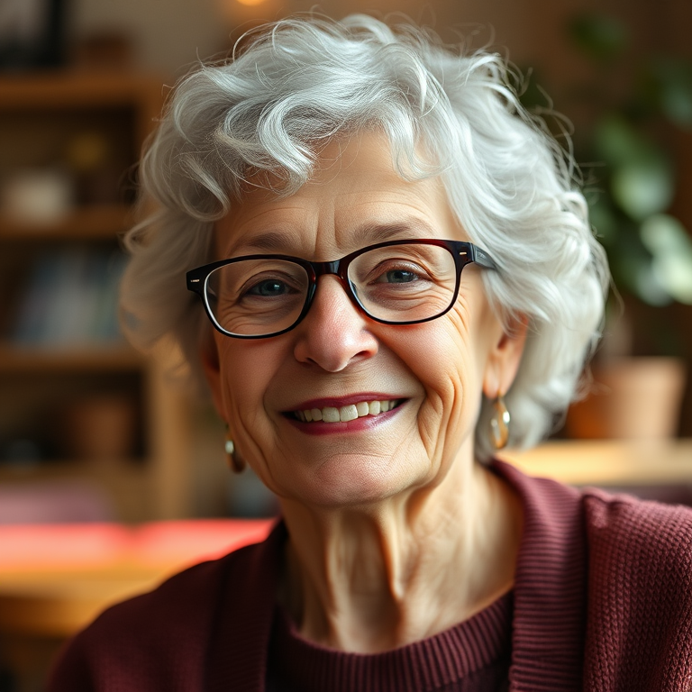 portrait of an elderly woman with curly hair and glasses smiling, soft natural lighting, shallow depth of field, ISO 200, f/2.8, 50mm lens, 85mm camera type, taken in a cozy indoor setting