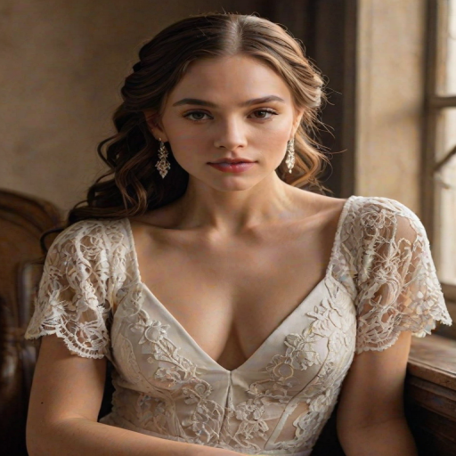 Create a portrait of a refined and elegant woman seated in a sophisticated setting. She has long, wavy hair styled in two thick braids that are pulled over her shoulders. She wears a white, lace gown with intricate patterns, featuring a deep V-neckline and short sleeves. The dress exudes a vintage charm with its delicate lacework. She is adorned with ornate, dangling earrings that add a touch of glamour to her appearance. The background is softly lit, with warm, ambient lighting that creates a cozy and inviting atmosphere. Her expression is poised and serene, capturing a sense of grace and elegance.
