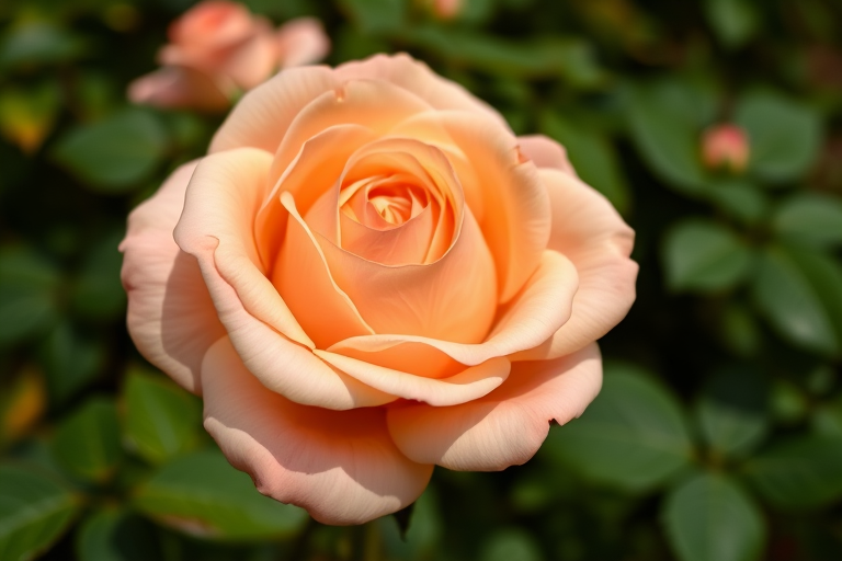 Close-up of a soft peach rose in full bloom with green foliage in the background, shot with a Canon EOS R, 50mm lens, aperture f/2.8, ISO 100, using natural lighting for vibrant color enhancement.