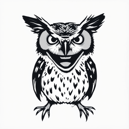 Abstract black and white acrylic portrait of an over exaggerated laughing (owl). Minimalism style. White background.