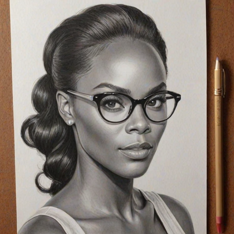 Stunning Tika Sumpter, pencil sketch, portrait of Exquisite woman 1961s in glasses, hair style beatnik, outline, clear lines, fine lines, 8k