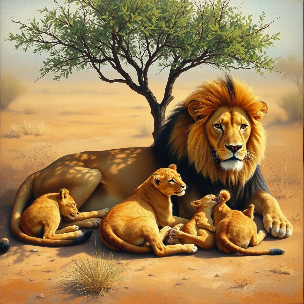 a beautiful realistic oil painting of a Lioness and Lion laying next to each other in a small shade tree while their cubs are playing around them.  1 cub is playing with The lions tail and 1 is biting the lionesses ear.  Setting is African desert.  The scene is warm and serene