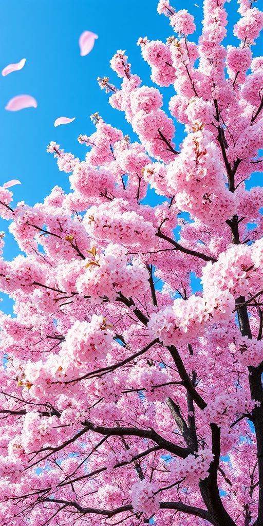 Create a vibrant image of a large cherry blossom tree in full bloom against a clear blue sky with soft pink petals drifting in the breeze, captured with a DSLR camera at 50mm focal length, f/2.8 aperture, ISO 100, in natural daylight, using a high dynamic range style to enhance detail and color vibrancy.