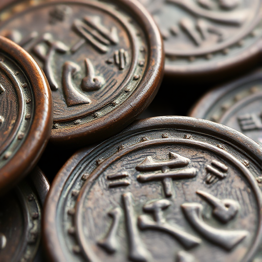 Take a high-resolution macro photograph of ancient Chinese coins with intricate engravings and a patina effect, using a DSLR camera, 100mm macro lens, f/4 aperture, ISO 100, and natural lighting to enhance texture and detail.