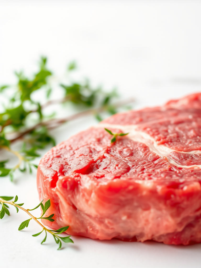 Generate a high-resolution image of a raw steak on a white background, close-up view, using a DSLR camera with a 50mm lens, aperture set to f/2.8, ISO 100, and natural lighting for enhanced detail and color contrast.