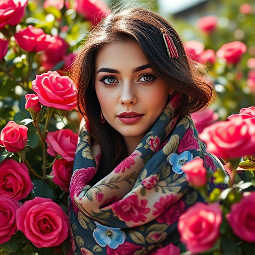 Create a portrait of a woman draped in a colorful floral-patterned scarf, surrounded by vibrant roses and flowers, with soft natural lighting, taken with a Canon EOS R5, 50mm lens, f/1.8 aperture, ISO 100, 1/200 sec shutter speed, with a dreamy bokeh effect to enhance the background details.