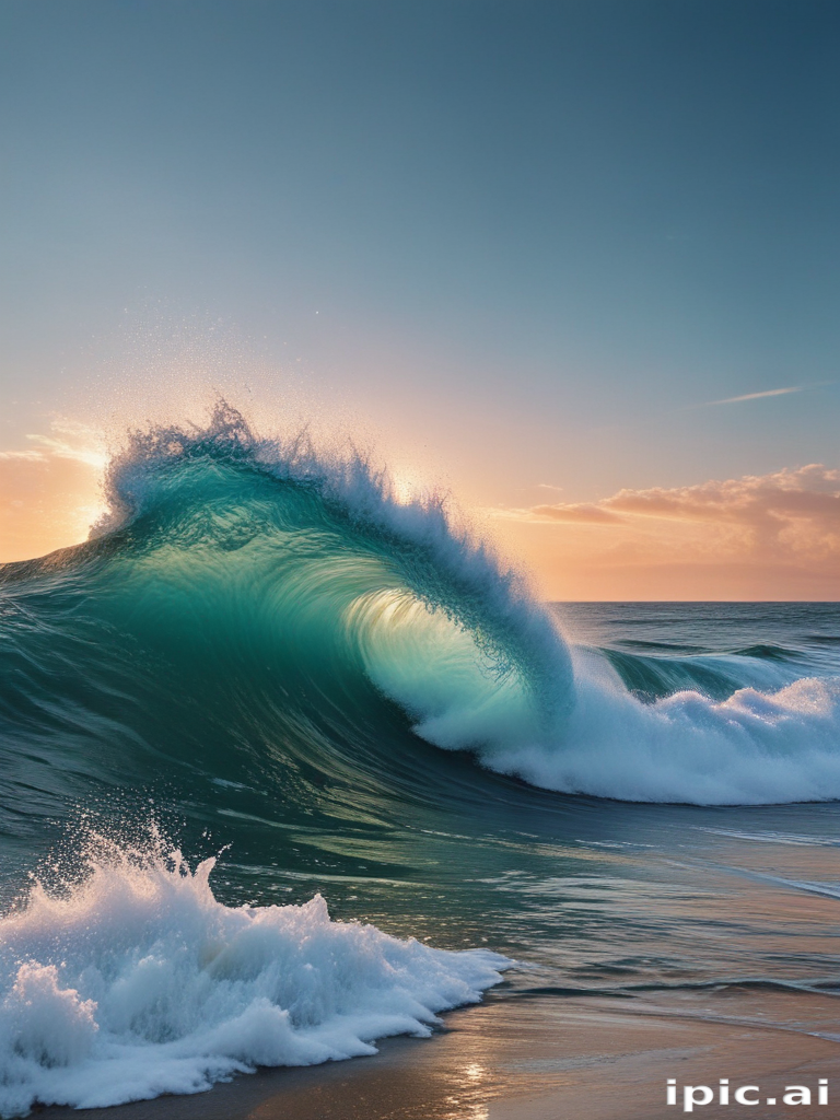 Majestic Ocean Wave Crashing Against the Shore at Sunset's Glow