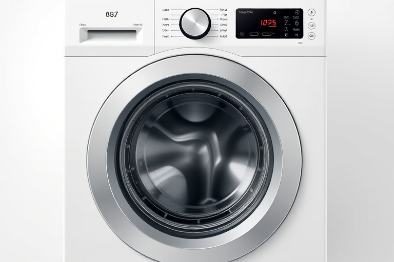 Create a high-resolution image of a modern washing machine with a sleek design, camera settings: f/8, ISO 100, shutter speed 1/125s, camera view: front view, camera style: clean and minimalistic, camera type: DSLR.