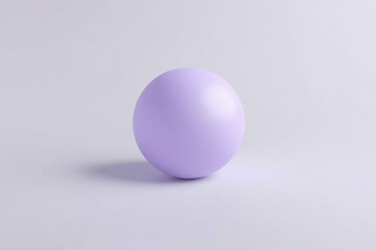 Generate a high-resolution illustration of a smooth, pale purple sphere centered on a soft grey background with subtle shadowing, captured using a DSLR camera with a 50mm lens at f/2.8, ISO 100, and a shallow depth of field for a soft focus effect.