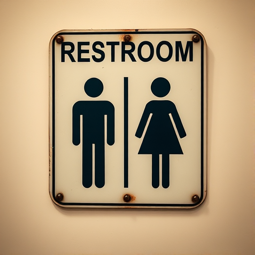 Create an image of a vintage-style restroom sign featuring simple, stylized male and female figures, captured with a DSLR camera at f/2.8 aperture, ISO 200, 35mm lens, with a shallow depth of field and a warm filter to enhance the retro aesthetic.