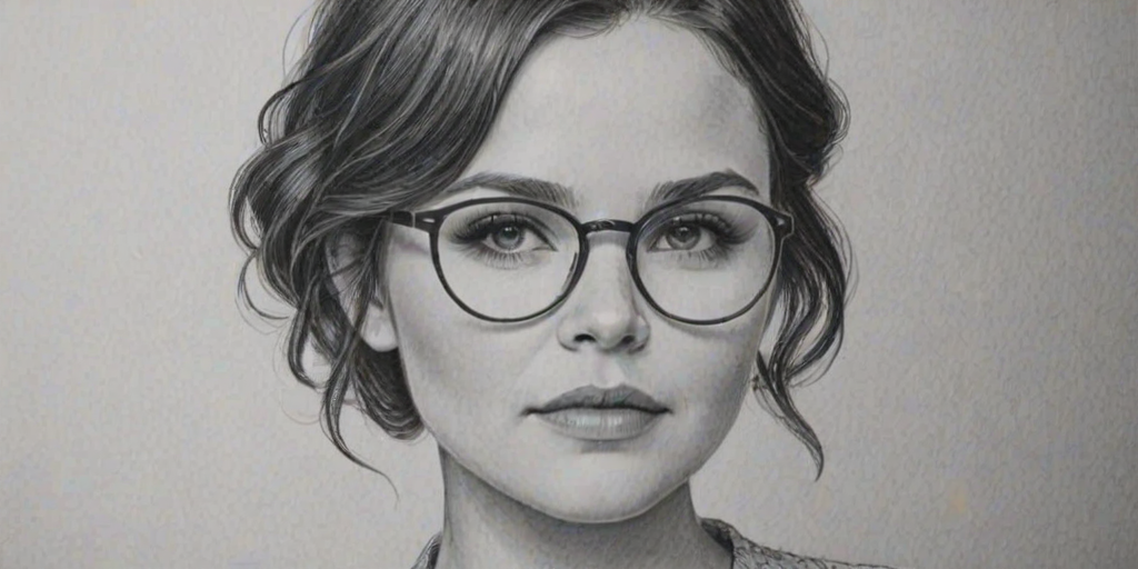Graceful Ginnifer Goodwin, pencil sketch, portrait of Superb woman 1923s in glasses, hair style beatnik, outline, clear lines, fine lines, 8k