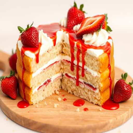 A delicious layered cake with whipped cream and fresh strawberries on top with strawberry sauce drizzling down the sides cut into a slice placed on a wooden board with crumbs scattered around on a light background