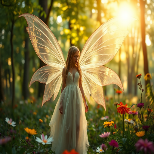 Regenerate an ethereal fairy in a lush forest with large transparent wings, wearing a flowing gown, soft golden light filtering through trees, vibrant flowers around, Canon EOS R5, ISO 100, f/1.8, 50mm lens, soft focus portrait photography.