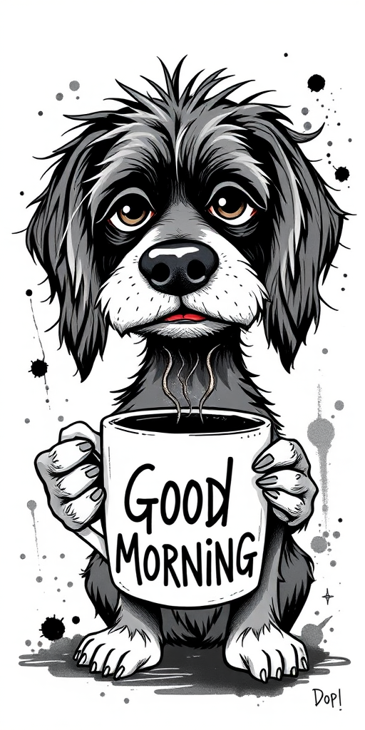 A quirky, artistic illustration of a disheveled field spaniel dog breed with exaggerated, large eyes and spiky fur, holding a coffee mug that reads "Good Morning". The dog has a tired but humorous expression, with ink splatters and abstract details surrounding it, giving a whimsical feel to the image. The color palette is mostly monochrome with hints of black in the eyes and steam rising from the mug, enhancing the overall sleepy vibe