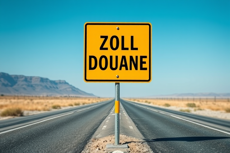 Generate a high-quality digital illustration of a Zoll Douane road sign on a straight road, open landscape with a clear blue sky, using a DSLR camera with a 50mm lens, aperture f/8, ISO 100, and a slight tilt-shift effect for enhanced depth.