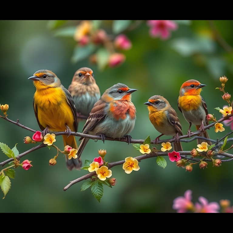 Create a vibrant and detailed image of various birds perched on branches adorned with flowers and leaves, using a Canon EOS R5 camera with a 50mm lens, aperture set to f/1.8, ISO 100, in a soft natural light style with a shallow depth of field.