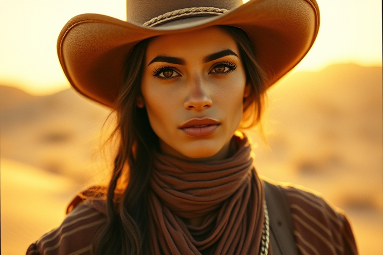 Dramatic photo of a beautiful Coptic woman, classic cowboy attire, confident and free spirit expression, half-length portrait, centered, golden hour desert landscape, warm, diffused light, low angle, medium format film camera, in style of Annie Leibovitz.