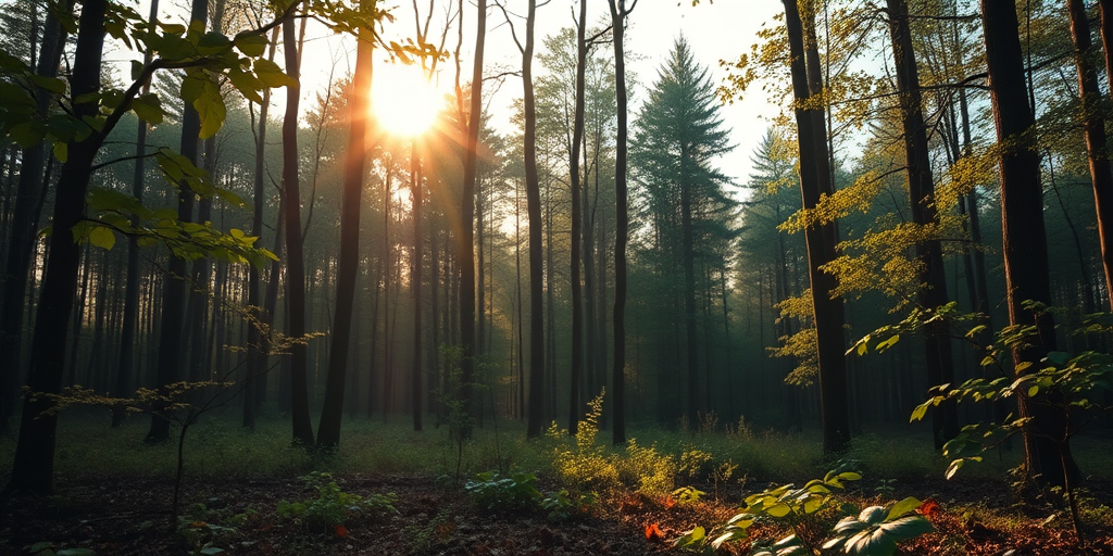 Generate a high-resolution image of a tranquil forest scene during golden hour with soft sunlight filtering through the trees, capturing details of the leaves and ground, shot with a Canon EOS R5 at f/2.8, ISO 200, 1/125 sec, using a wide-angle lens from a low angle perspective for depth.