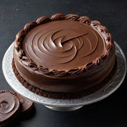 Create an image of a round chocolate cake with a smooth dark chocolate frosting. The top should be decorated with swirls of chocolate buttercream in a circular pattern, and the sides should be adorned with crushed chocolate cookies for a textured look. The cake should be placed on a silver cake board with a clean, minimalist background.
