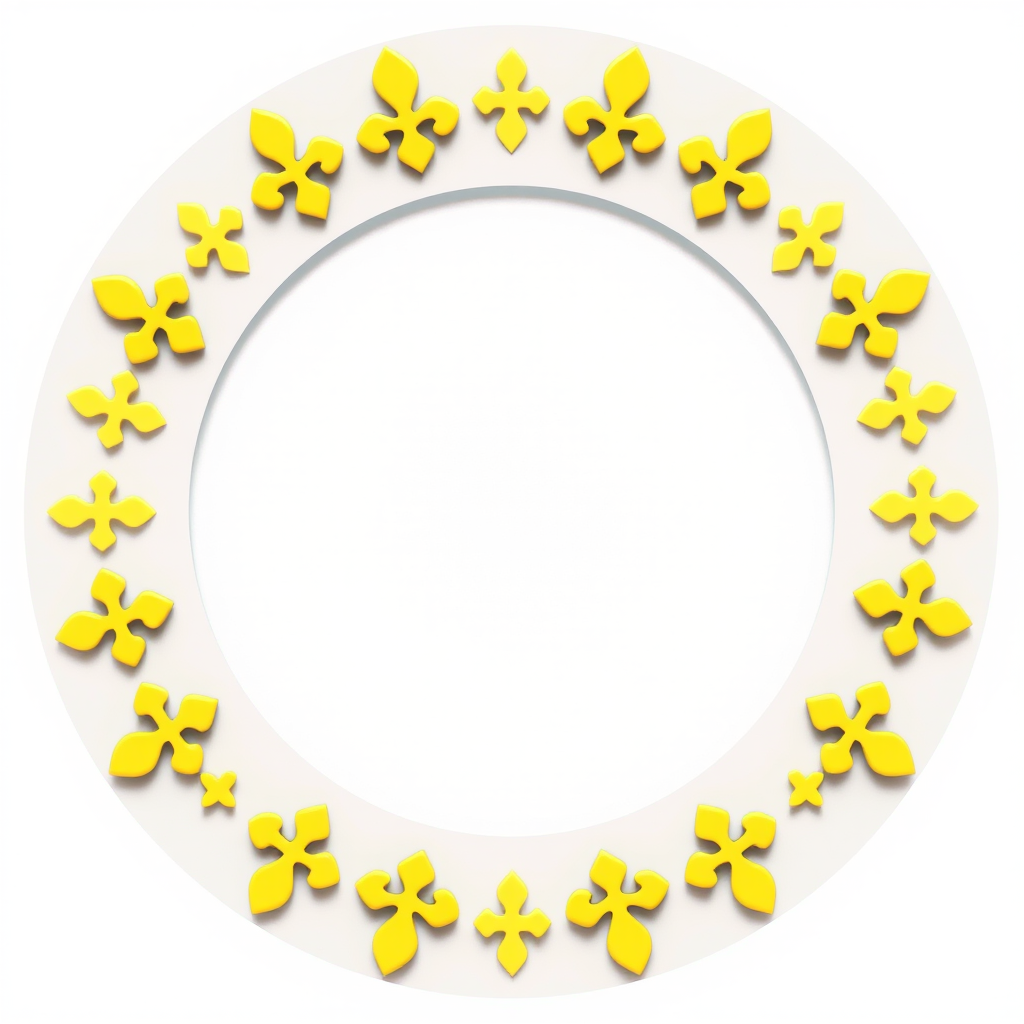 Create a circular design featuring yellow fleur-de-lis symbols evenly spaced around the circumference with a transparent center, captured with a DSLR camera, aperture f/5.6, ISO 100, 50mm lens, centered view, high contrast, and vibrant colors.