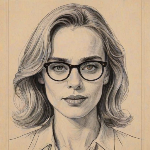 Comely Nina Hoss, pencil sketch, portrait of Resplendent woman 1971s in glasses, hair style beatnik, outline, clear lines, fine lines, 8k