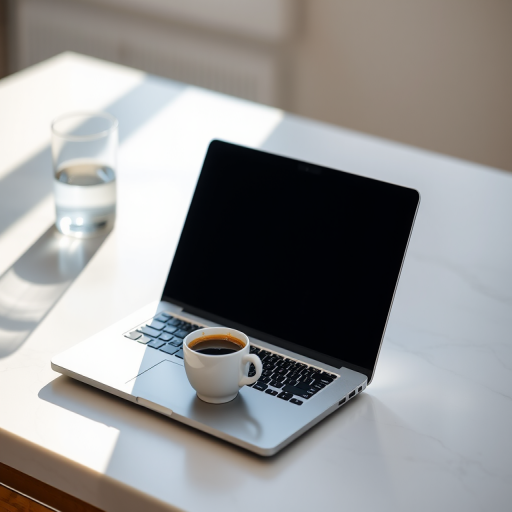 A sleek laptop open on a white marble countertop next to a small espresso cup and a glass of water, captured in soft natural light, with a shallow depth of field, using a Canon EOS R5, 50mm lens, aperture f/1.8, ISO 100, shutter speed 1/200s, focusing on the coffee cup while softly blurring the background.