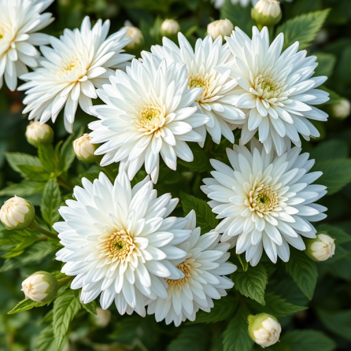 Regenerate a detailed illustration of white chrysanthemums with green leaves, using a high-resolution camera set to f/2.8 aperture, ISO 100, 50mm lens, shot from a slightly elevated angle in a soft natural light style.