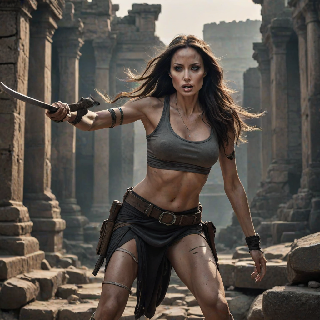 Fierce "Angelina Jolie" action pose, long dark hair in motion, determined expression, Tomb Raider inspired outfit, ancient ruins background, dramatic backlighting, smokey eye makeup, athletic physique