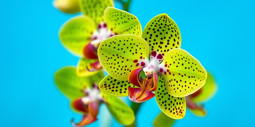 high-resolution macro shot of vibrant green and black-spotted orchids against a bright blue background, aperture f/2.8, shutter speed 1/125s, ISO 100, taken with a Canon EOS 5D Mark IV using a 100mm macro lens in natural light, sharp focus on flowers with a softly blurred background