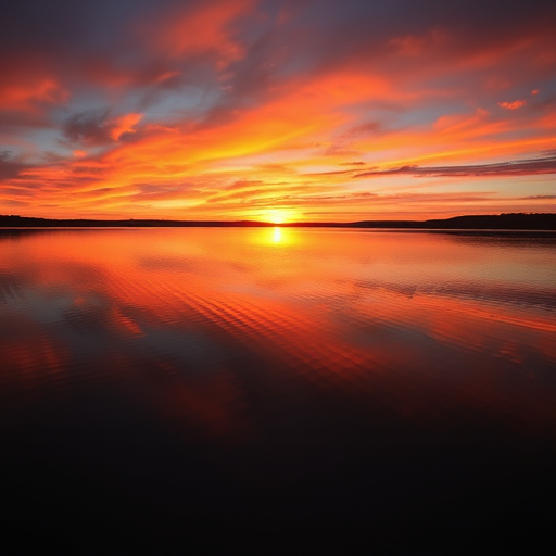 Capture a vibrant sunset over a tranquil lake with reflections on the water, using a DSLR camera, aperture f/8, shutter speed 1/125s, ISO 200, 24mm wide-angle lens, HDR style, and in landscape orientation.