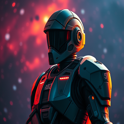 futuristic robotic soldier in space with vibrant cosmic background, captured with a Canon EOS R5, 24mm lens, f/2.8 aperture, ISO 100, shutter speed 1/200s, high dynamic range, cinematic angle, sharp focus on armor details, dramatic lighting