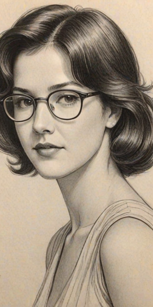 Graceful Phoebe Cates, pencil sketch, portrait of Graceful woman 1933s in glasses, hair style beatnik, outline, clear lines, fine lines, 8k