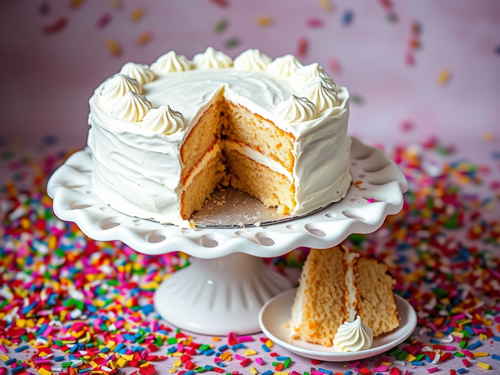 A beautifully frosted white cake on a decorative cake stand with a slice cut out revealing its soft interior and a piece of cake on a plate beside it surrounded by a colorful confetti-like background.