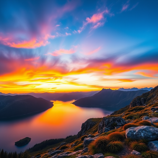 Create a high-resolution image of a serene mountain landscape during sunset, with vibrant colors in the sky and reflecting on a calm lake, shot with a Canon EOS R5, 24mm f/1.4 lens, ISO 100, aperture f/8, 1/125 sec, using a wide-angle view and HDR style.