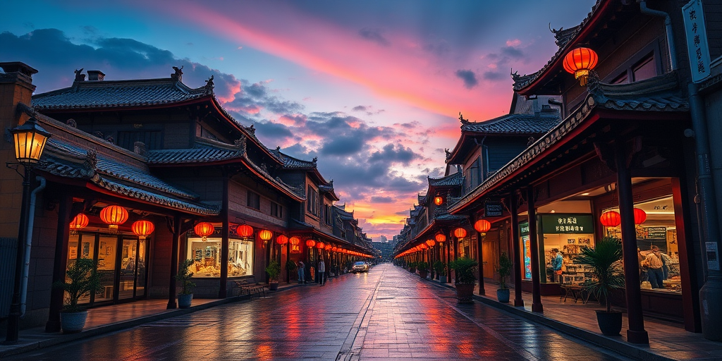Regenerate a vibrant urban landscape at dusk with traditional Chinese architecture and glowing lanterns, using a Canon EOS R5, 35mm lens, f/8 aperture, ISO 100, 1/200 sec shutter speed, capturing a wide-angle view with rich colors and reflections on wet pavement.