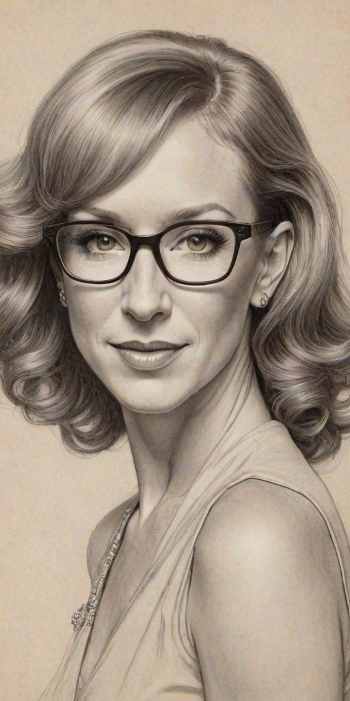 Enticing Kathy Griffin, pencil sketch, portrait of Graceful woman 1930s in glasses, hair style beatnik, outline, clear lines, fine lines, 8k