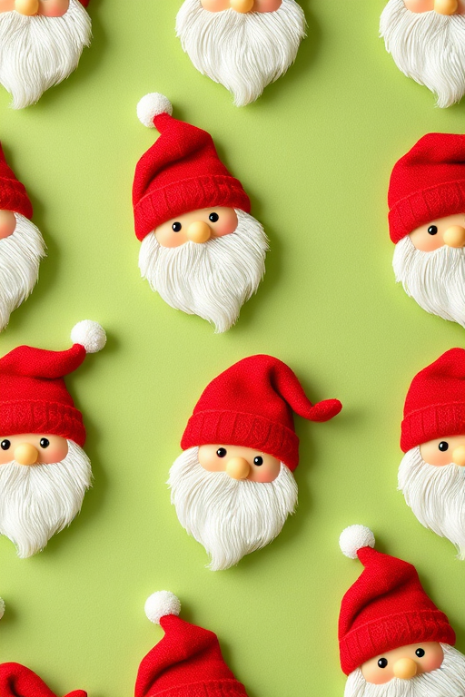 Create a repeating pattern of whimsical Santa figures with red hats and white beards on a soft green background, capturing vibrant colors and sharp details using a DSLR camera at f/8 aperture, ISO 200, 50mm lens, top-down view, and natural daylight for enhanced image quality.