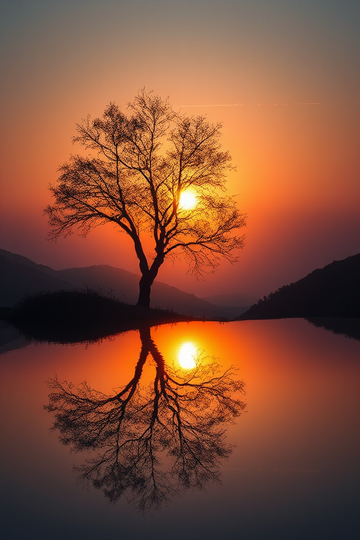 A serene sunset scene featuring a solitary tree with a luminous halo, reflected in a tranquil body of water surrounded by gentle hills, captured with a Nikon D850, 50mm lens, f/1.8, ISO 100, at dusk with soft focus and high dynamic range.