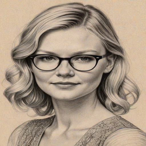 Enchanting Kirsten Dunst, pencil sketch, portrait of Delightful woman 1936s in glasses, hair style beatnik, outline, clear lines, fine lines, 8k
