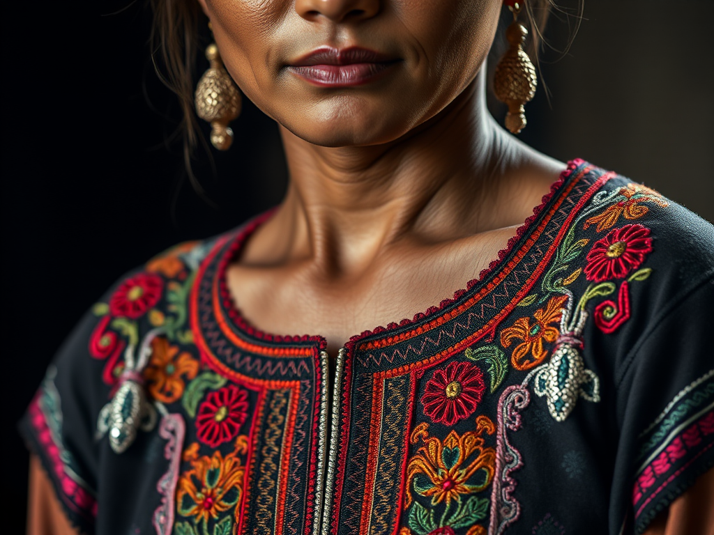 Face, shoulders, chest covered in openwork Hmong embroidery. Raw, unedited image.
