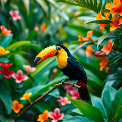 Generate a vibrant tropical scene featuring a toucan perched on a branch amidst colorful flowers and lush foliage, shot with a Canon EOS R5 at f/2.8, ISO 200, 50mm lens in a macro style for enhanced detail and depth, using natural light for a warm atmosphere.