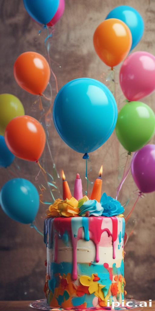 Colorful Birthday Cake Surrounded by Vibrant Balloons and Festive Candles