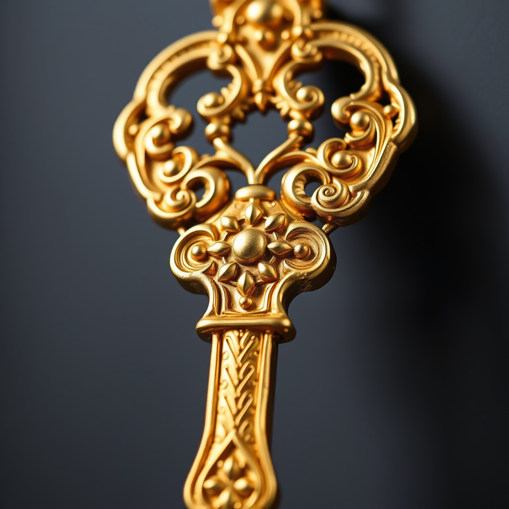 Create a high-resolution image of an ornate golden key with intricate designs, photographed from a slightly angled close-up view using a DSLR camera with a 50mm lens, f/1.8 aperture, ISO 100, and soft, diffused lighting to enhance shine and detail.