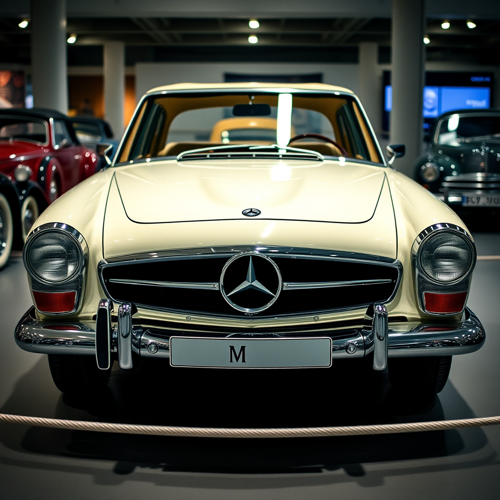 Classic Mercedes-Benz car on display in a museum, captured with a DSLR camera at f/2.8 aperture, ISO 200, shutter speed 1/60s, 50mm lens, front view, soft lighting, high resolution.