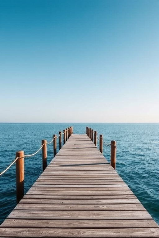 Create a realistic image of a wooden dock extending over calm waters under a clear blue sky, captured with a DSLR camera, 50mm lens, f/2.8 aperture, ISO 100, at an angle of 45 degrees, with soft natural lighting to enhance details.